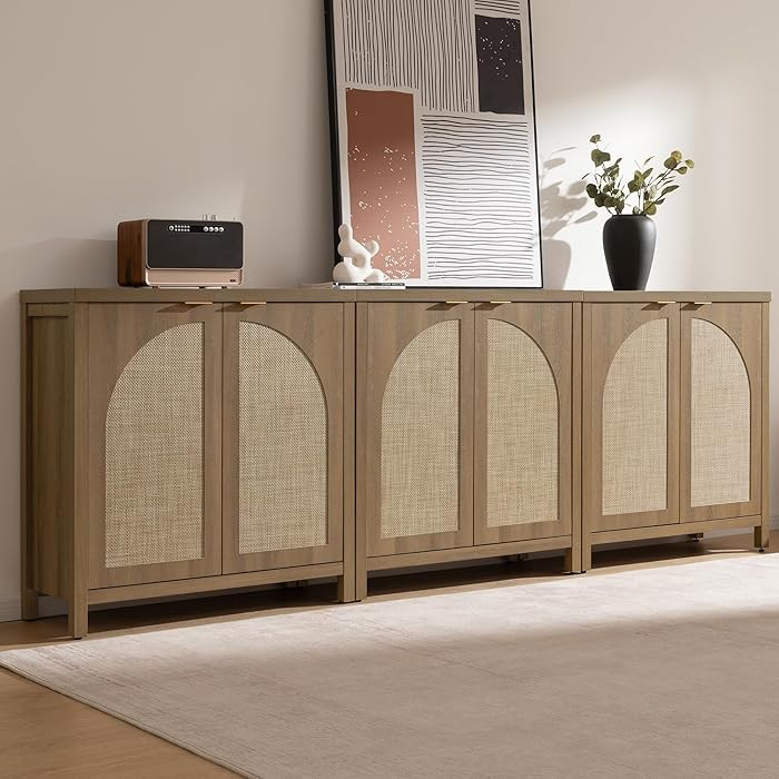 SICOTAS 102" W Rattan Sideboard Buffet Cabinet with Storage Set of 3, Mid Century Modern Credenza... | Amazon (US)