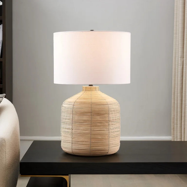 Evelyn&Zoe Jolina 27" Tall Oversized/Rattan Table Lamp with Fabric Shade in Natural Rattan/White | Walmart (US)