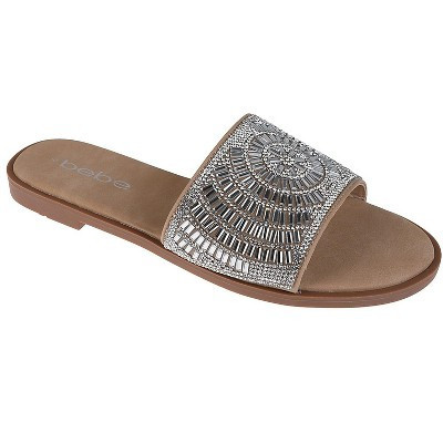bebe Women's Slide Sandals - Flat Slip-On Dress Sandals with Pave Rhinestone Strap, Silver, 9 | Target