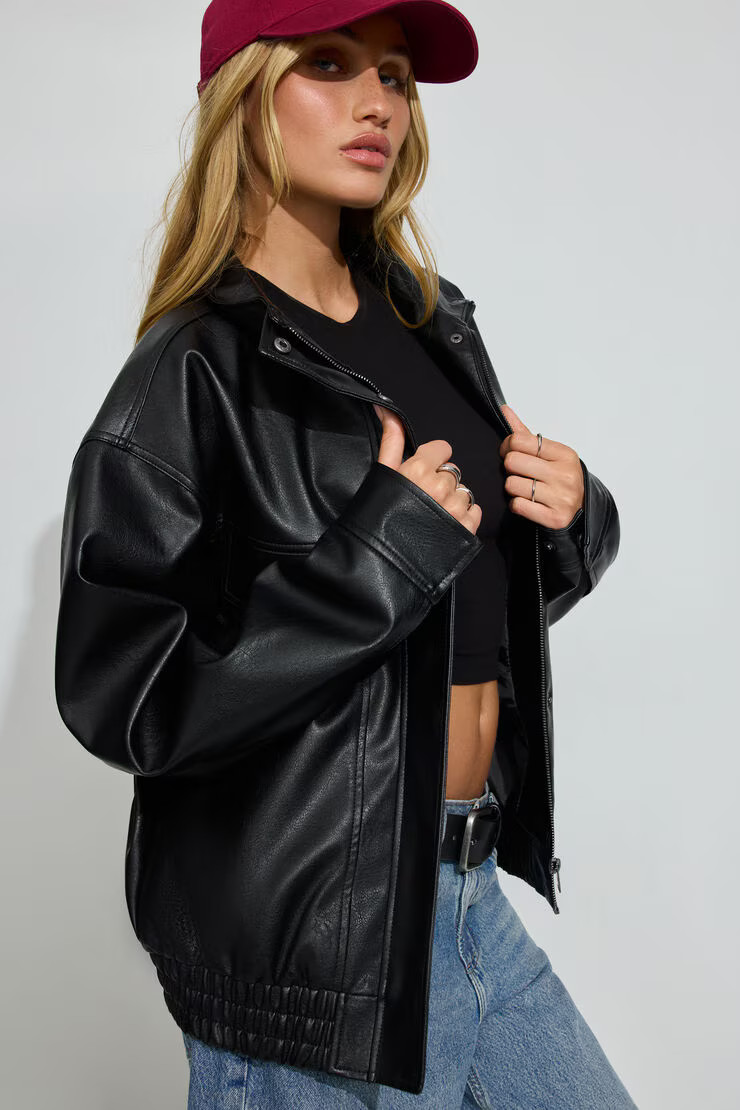 Oversized Faux Leather Stand Collar Bomber | Garage Clothing