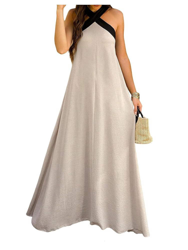 OYOANGLE Women's Color Block Criss Cross Sleeveless Flowy Maxi Dress Beach Vacation Dresses | Amazon (US)