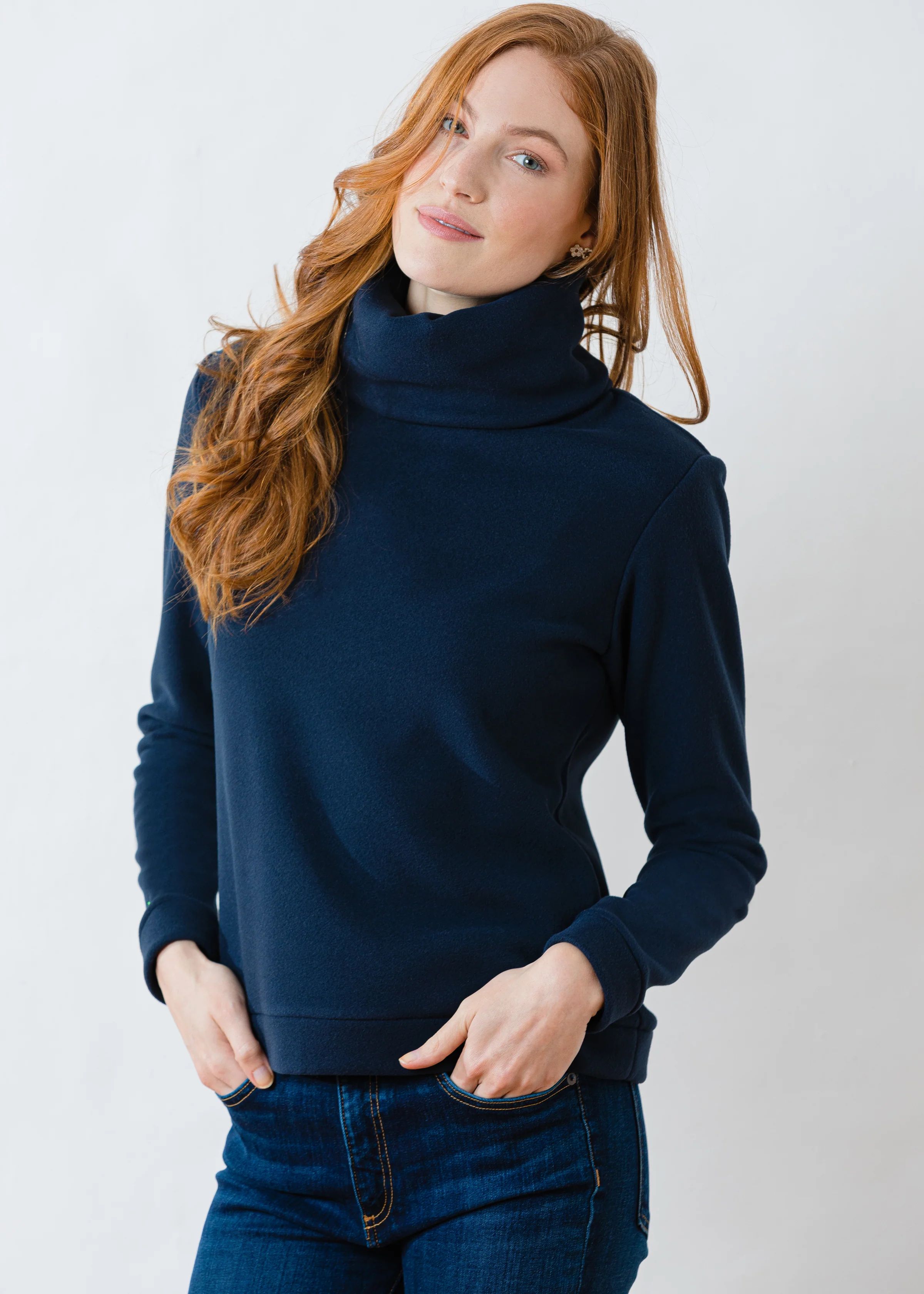 Double Roll Neck Park Slope in Vello Fleece (Navy) | Dudley Stephens