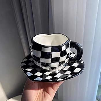 Porcelain Cappuccino Cups with Saucers, Hand Painted Checkerboard Coffee Cup With Saucer, Ceramic Co | Amazon (US)
