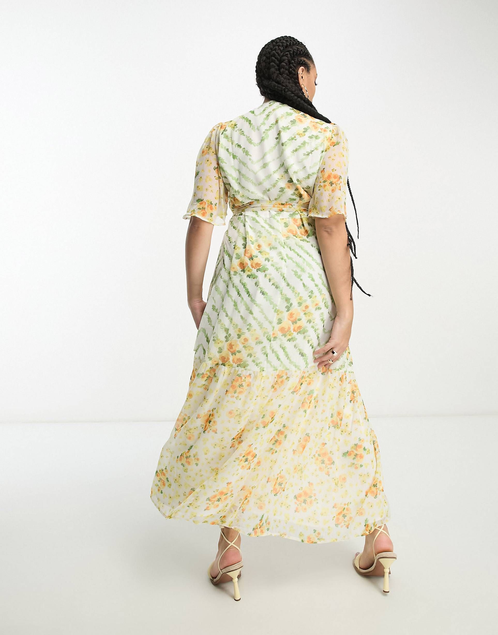 Hope & Ivy Plus flutter sleeve wrap maxi dress in contrast green floral | ASOS (Global)