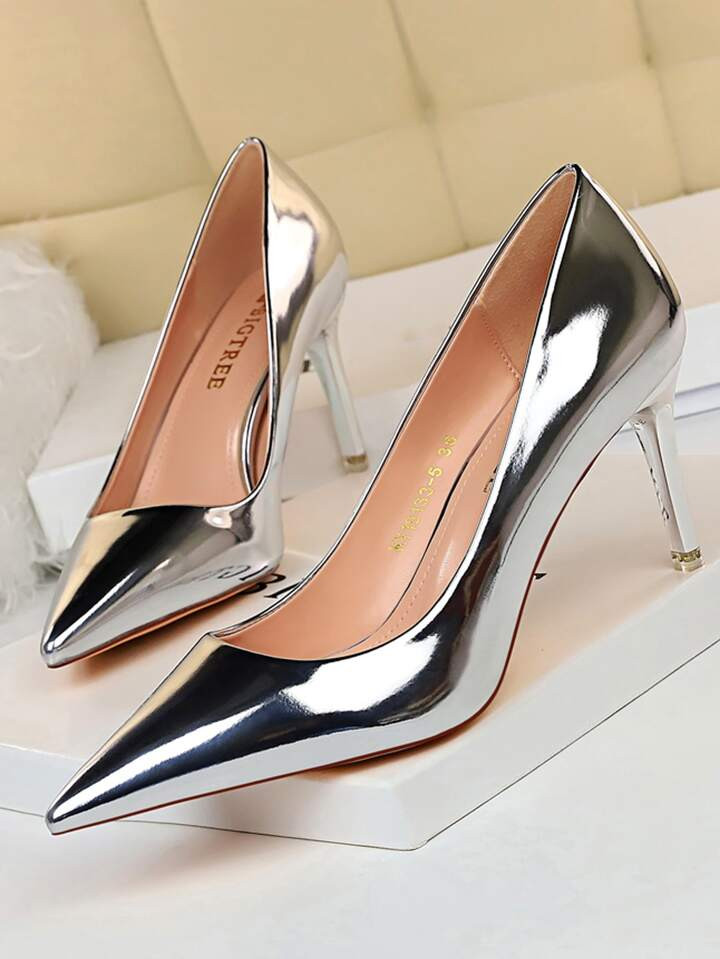 Women Metallic Point Toe Stiletto Heeled Pumps, Glamorous Party Artificial Patent Leather Court P... | SHEIN