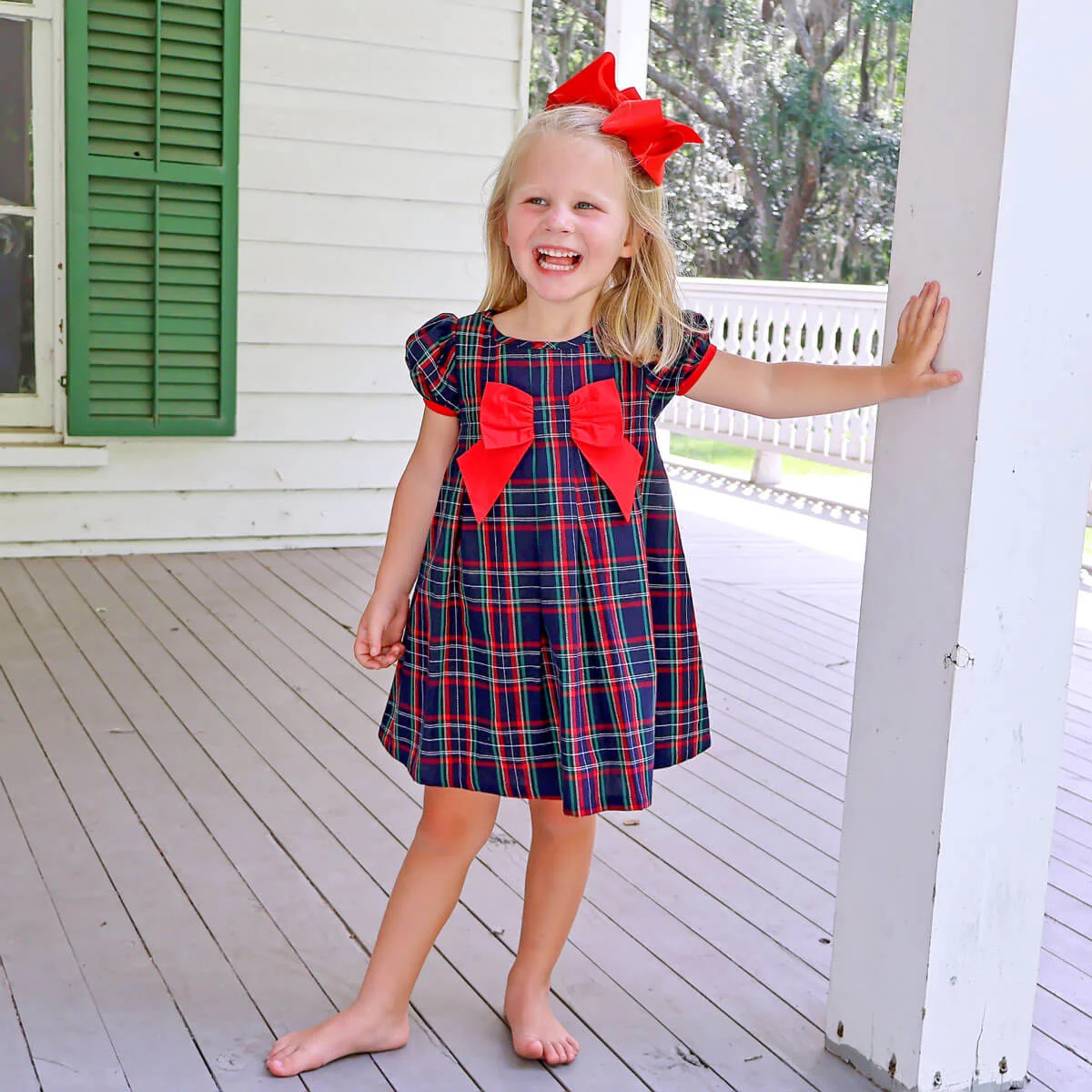 Royal Red And Green Plaid Center Front Bow Dress | Classic Whimsy