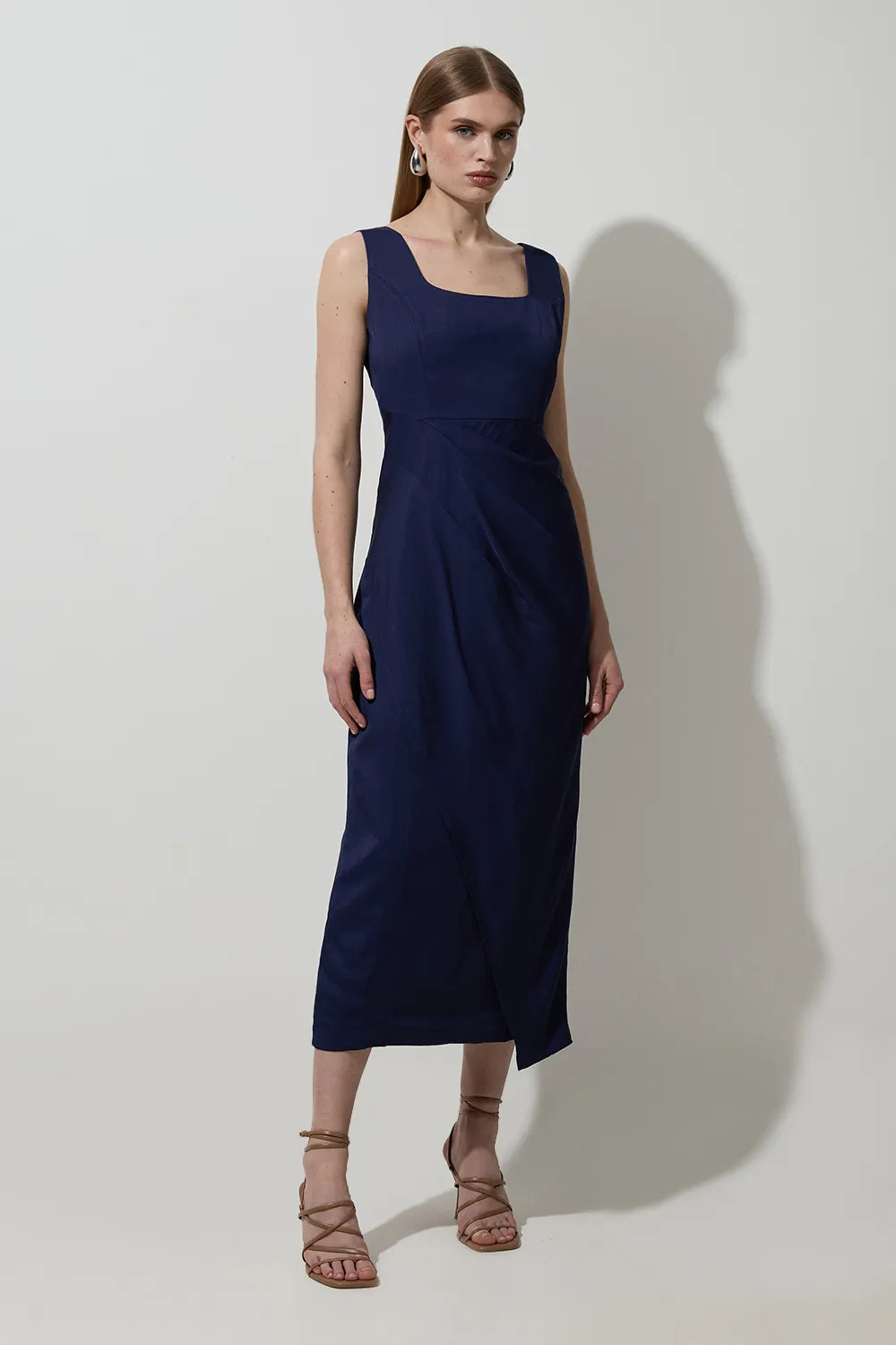 Navy Tailored Viscose Linen Strappy Pleat Detail Midaxi Dress | Karen Millen | Karen Millen