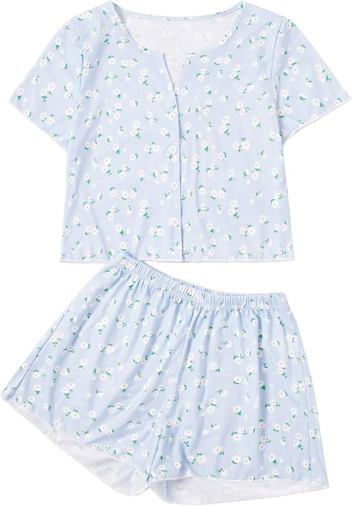 Verdusa Women's 2-Piece Button Down Short Sleeve Ditsy Floral Button Front Sleepwear Loungewear P... | Amazon (US)