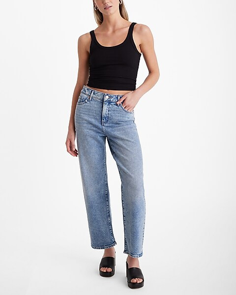 High Waisted Medium Wash Relaxed Straight Ankle Jeans | Express