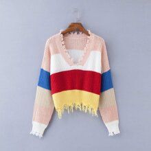 Striped Colorblock Ripped Jumper | SHEIN