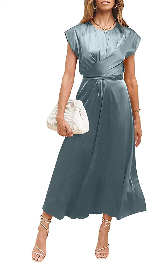 ANRABESS Women's Summer Satin Cap Sleeve Wrap Elegant A-Line Flowy Wedding Guest Formal Midi Dres... | Amazon (US)