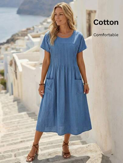 Faunlyn Solid Pocket Patched Pleated Detail Smock Dress Teacher Clothes,Summer Dresses
Spring Clo... | SHEIN