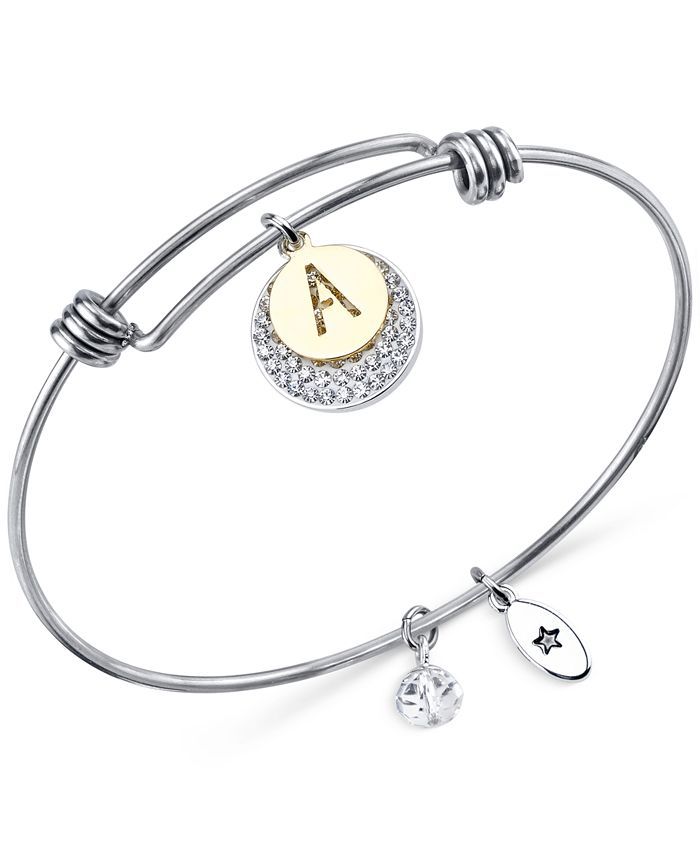 Pave and Initial Disc Bangle Bracelet in Stainless Steel and Silver Plated | Macys (US)