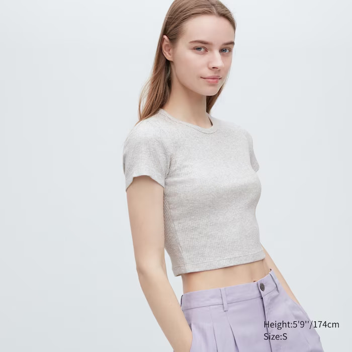 Ribbed Crew Neck Short-Sleeve Cropped T-Shirt | UNIQLO (US)