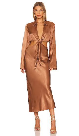 Felicity Long Sleeve Tie Front Midi Dress in Almond | Revolve Clothing (Global)