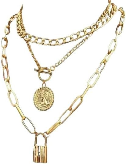 Women's 3-Piece Multi-Layer Coin and Padlock Pendant Necklace Set with OT Clasp - Gold Thick Chai... | Amazon (US)