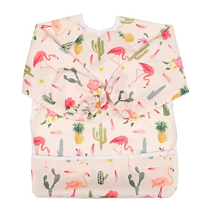 Baby Bib Sleeved Shirt with Pocket 1-3 Years Old Toddler Painting for Girls (Flamingo Cactus) | Amazon (US)