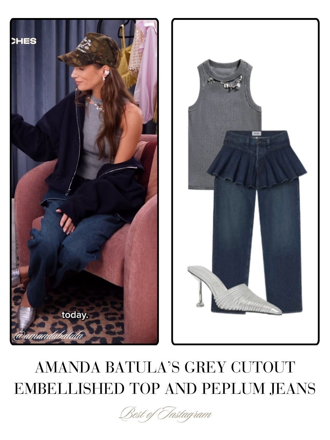 Amanda Batula’s Grey Cutout Embellished Top and Peplum Jeans = @amandabatula 