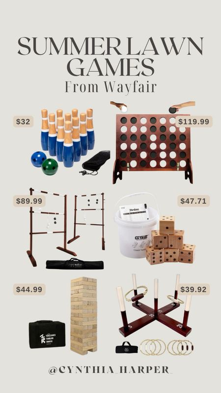Summer lawn games from Wayfair! 

Lawn games, outdoor games, summer games, big dice, lawn bowling, giant Jenga
