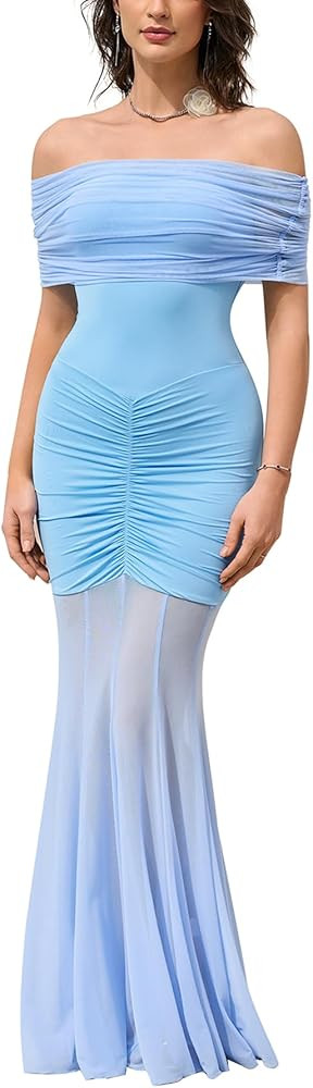 HTZMO Women Sexy Off Shoulder Bodycon Maxi Dress Strapless Ruched Wedding Guest Formal Party Long... | Amazon (US)