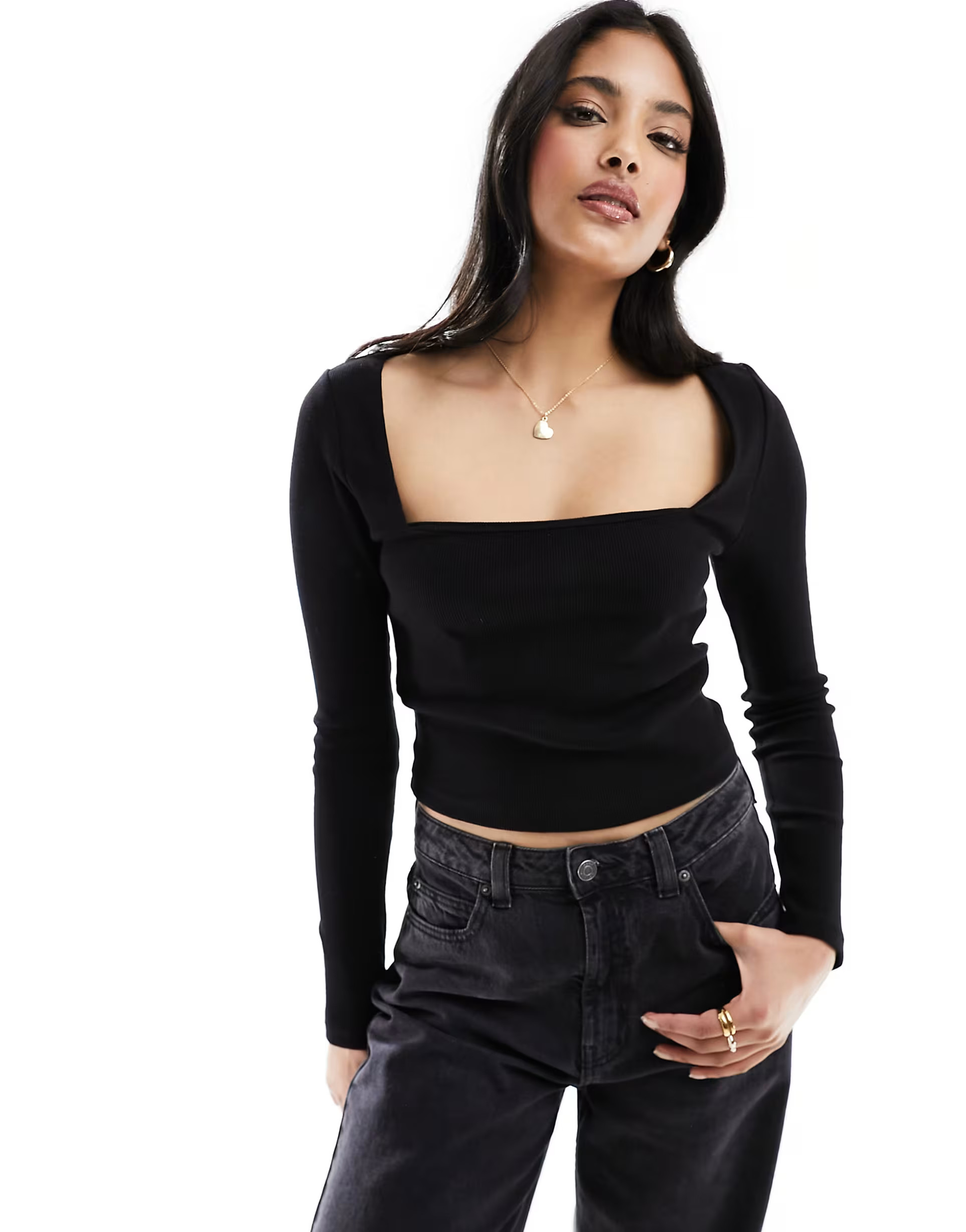 New Look square neck long sleeve top in black | ASOS (Global)