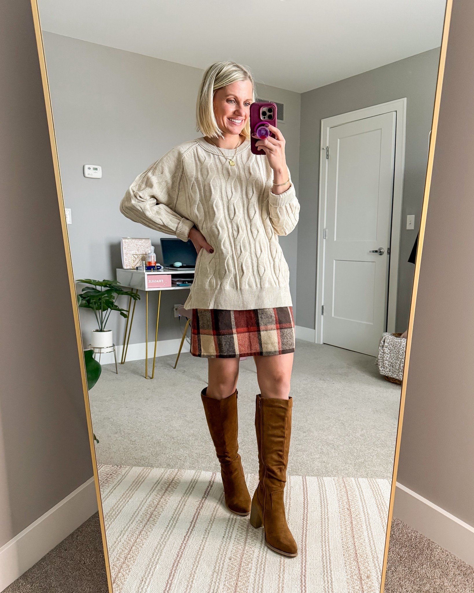 Cute Thanksgiving outfit with a plaid skirt and cable knit sweater! I’m wearing a small in both  

#LTKSeasonal #LTKHoliday #LTKCyberWeek