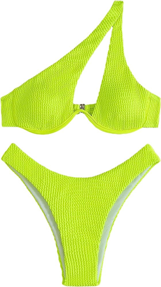Romwe Women's One Shoulder Cut Out Lime Green Bikini Green Swimsuit Green Bathing Suit | Amazon (US)