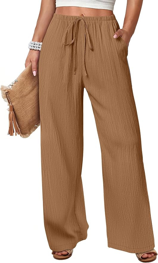 ANRABESS Women's Wide Leg Beach Pants Elastic Waist Lightweight Casual Flowy Palazzo Lounge Trous... | Amazon (US)