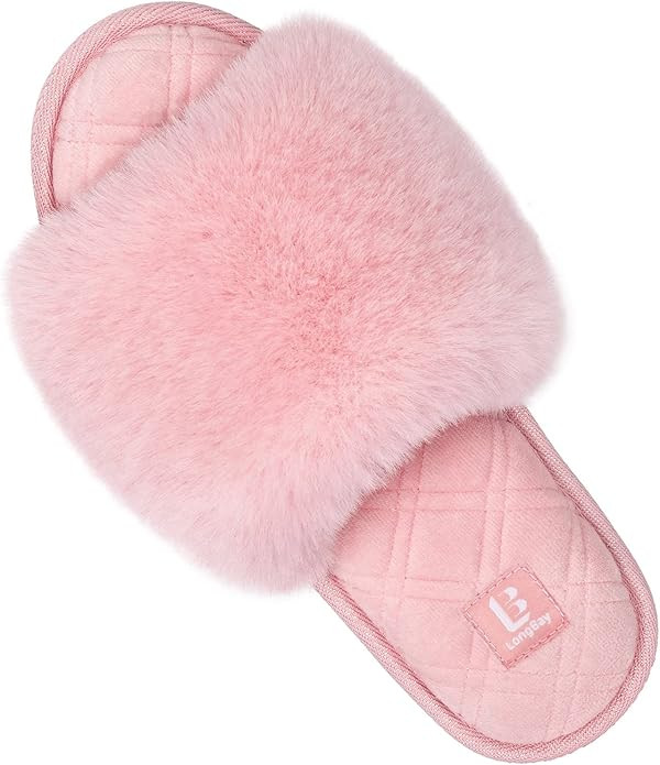 LongBay Women's Fuzzy Faux Fur Memory Foam Cozy Flat Spa Slide Slippers Comfy Open Toe Slip On Ho... | Amazon (US)