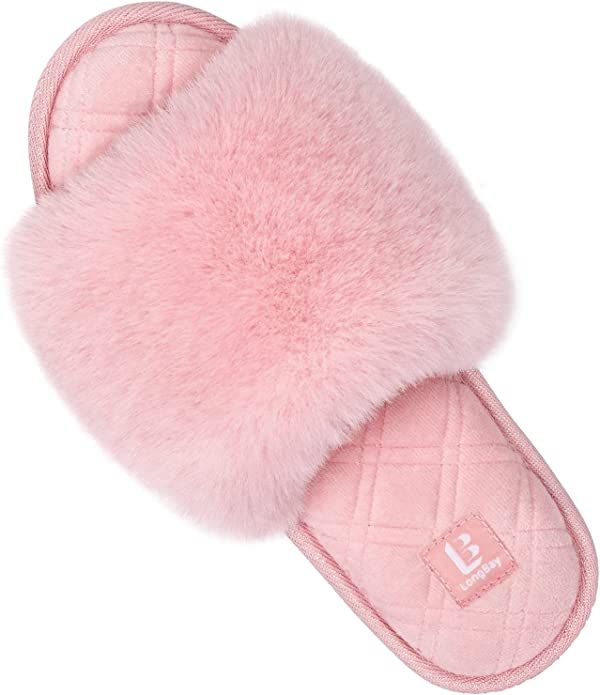 LongBay Women's Fuzzy Faux Fur Memory Foam Cozy Flat Spa Slide Slippers Comfy Open Toe Slip On Ho... | Amazon (US)