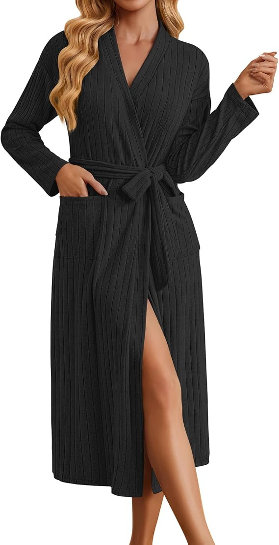 Ekouaer Womens Robes Long Bathrobe Ribbed Knit Kimono Robe Soft Sleepwear | Lightweight Robes wit... | Amazon (US)