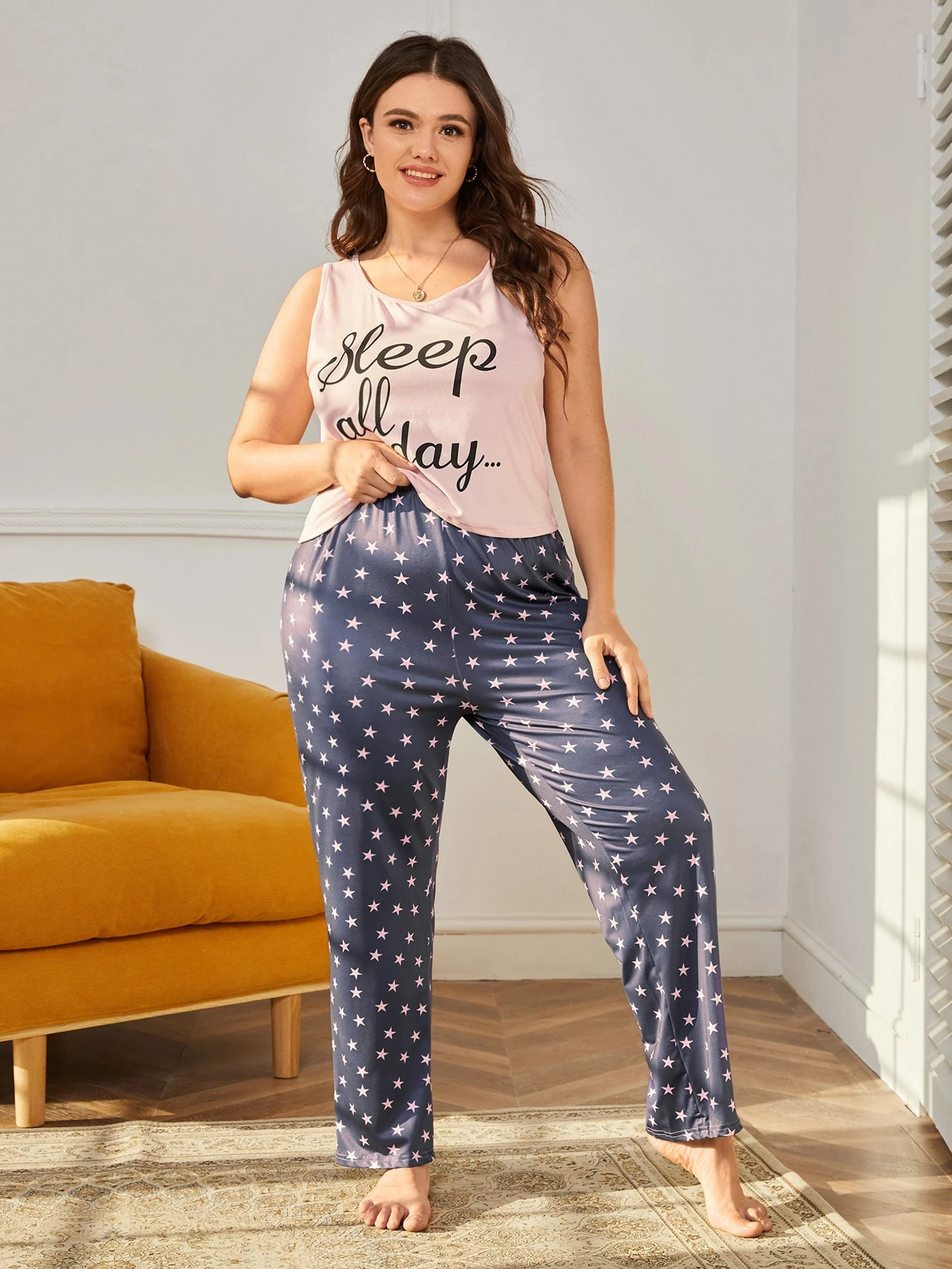 Plus Slogan Graphic Tank Top & Star Print Pants PJ Set | SHEIN