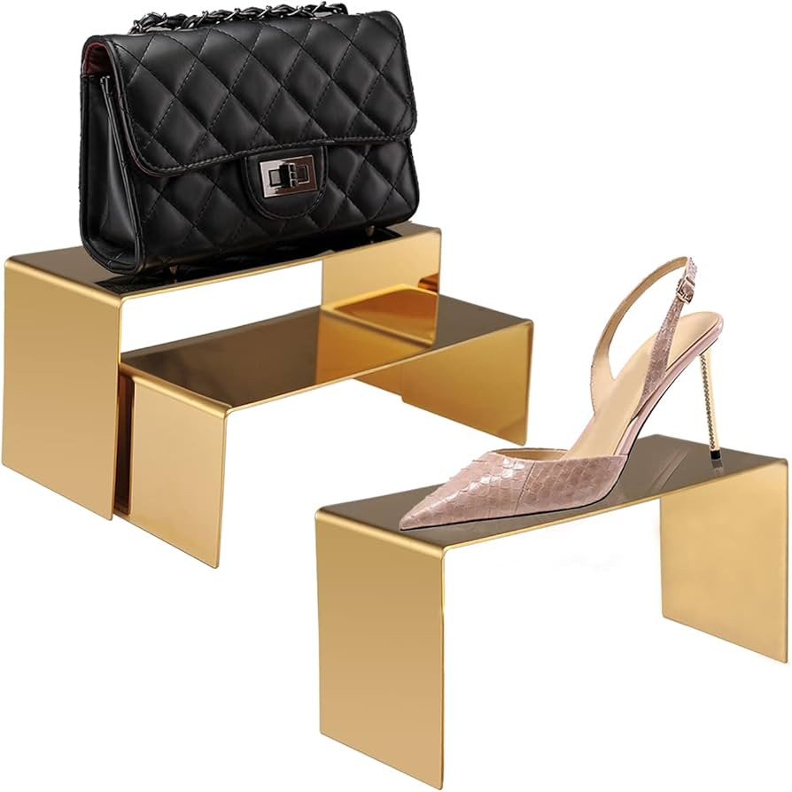 K KAIDIYIN Risers for Display , Purse Shoe Display Stand, 3 Pcs Gold Stackable Display Rack Stain... | Amazon (US)