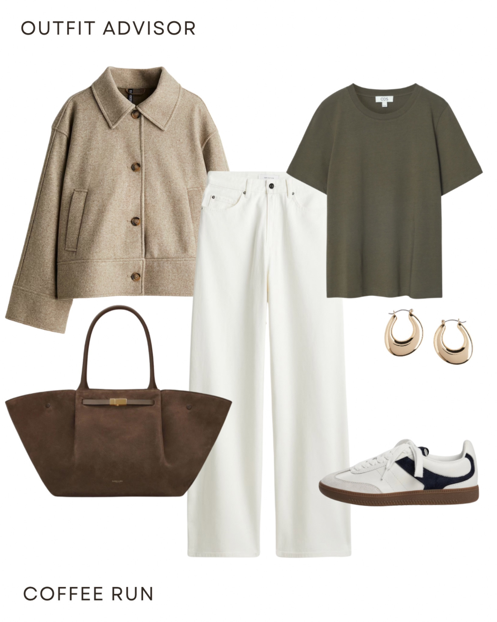 Casual transitional summer to autumn outfit inspo: an olive green tee, white wide leg jeans, brown jacket, sneakers, demellier suede tote bag and gold earrings 

#LTKbag #LTKworkwear #LTKstyletip