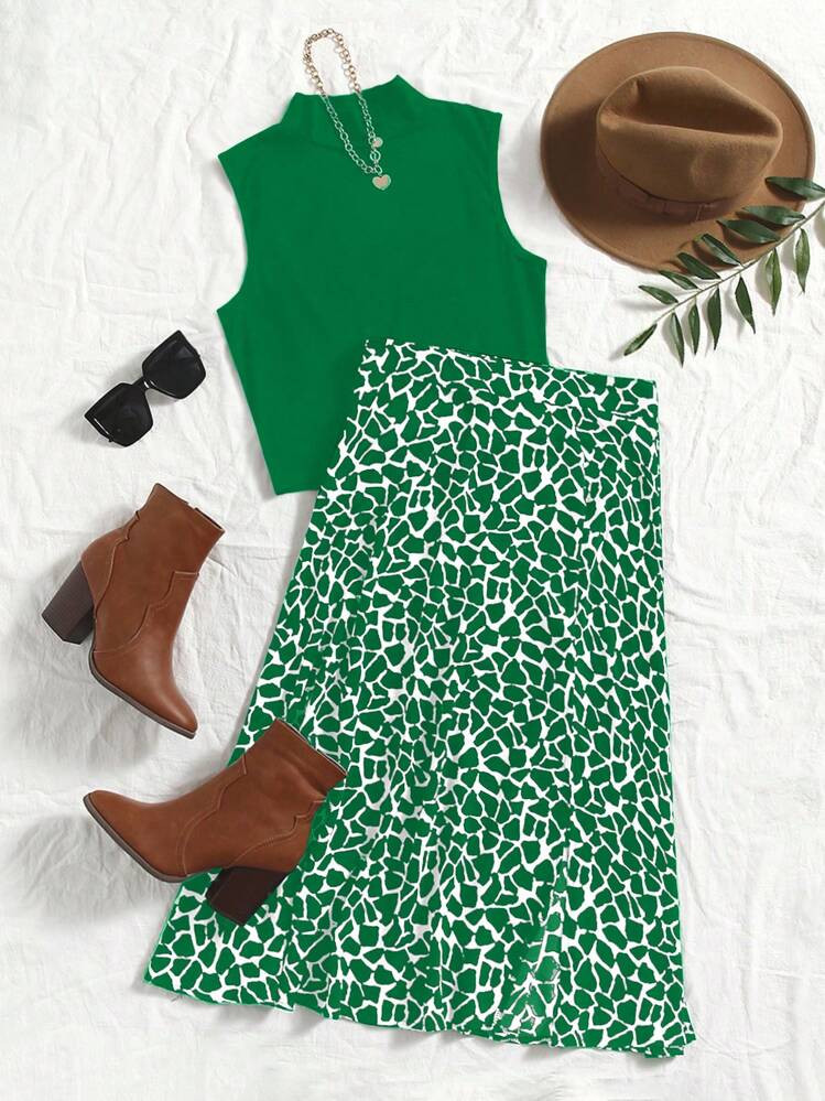 SHEIN Holidaya Mock Neck Tank Top & Allover Print Skirt | SHEIN