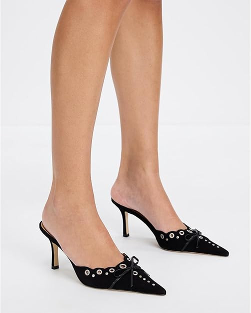 olomisa Kitten Heels for Women, Pointed Toe Heels Studded Bow Heeled Mules, Faux Suede Silp On Sa... | Amazon (US)