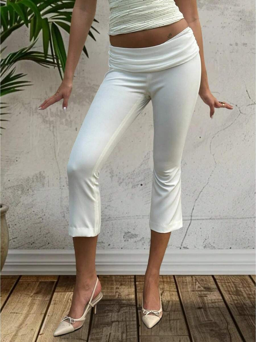 Flare Capri Pants For Women Casual  Dot/Solid Color Stretchy Smocked Waist Leggings | SHEIN
