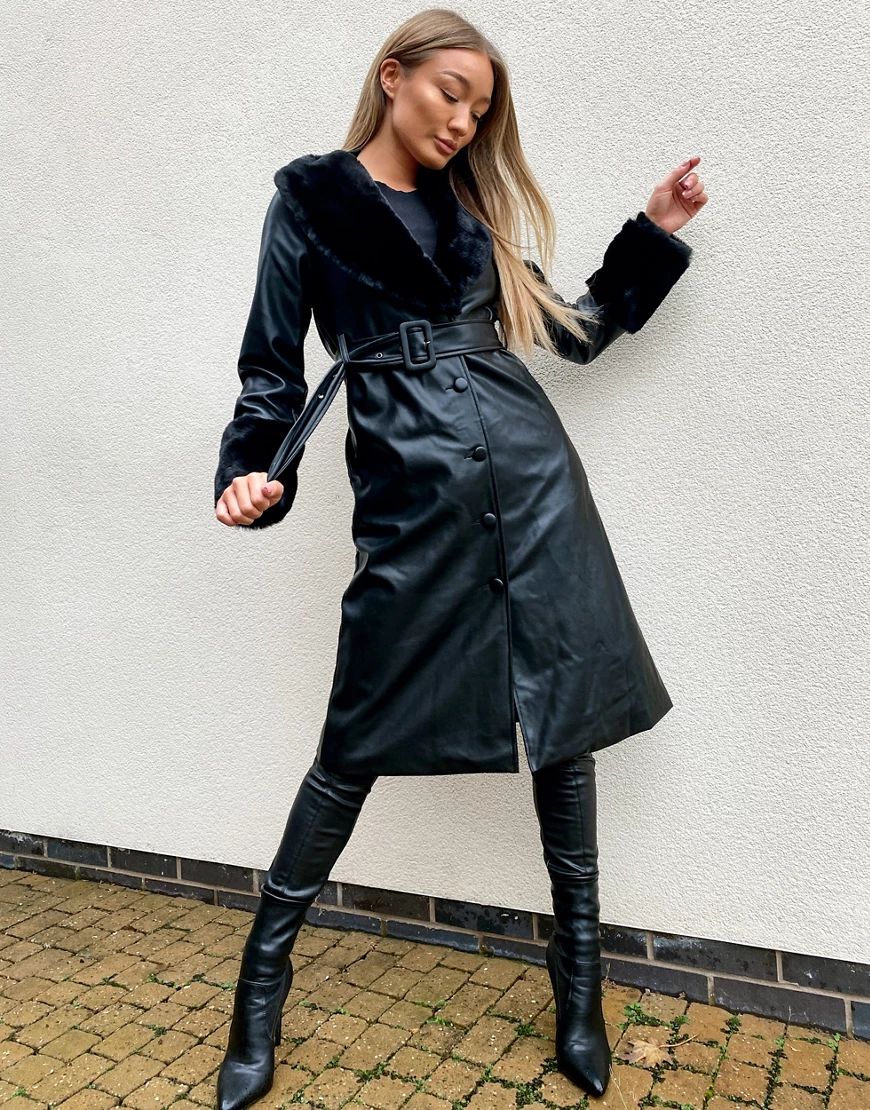 QED London PU button-down trench coat with fur trim in black | ASOS (Global)