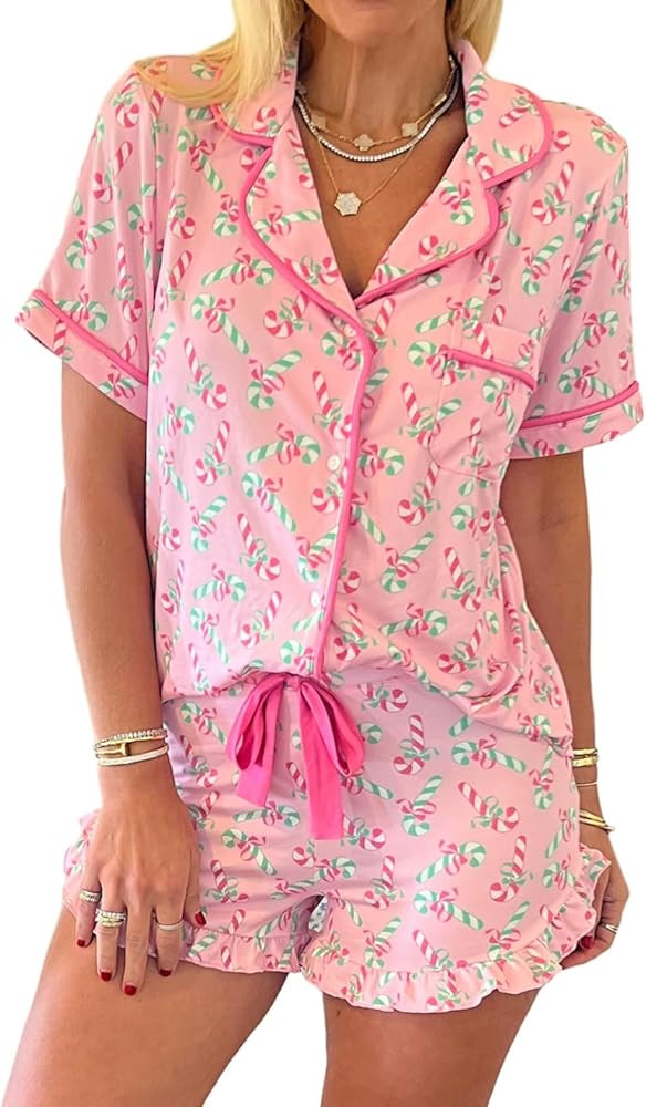 KevaMolly Womens Christmas Lounge Sets Candy Cane Print Pocketed Knotted PJ Set Short Sleeve Xmas... | Amazon (US)