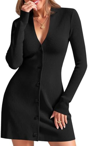 Wenrine Womens Deep V Neck Sweater Dress Sexy Knit Button Down Long Sleeve A Line Fall Mini Dress... | Amazon (US)