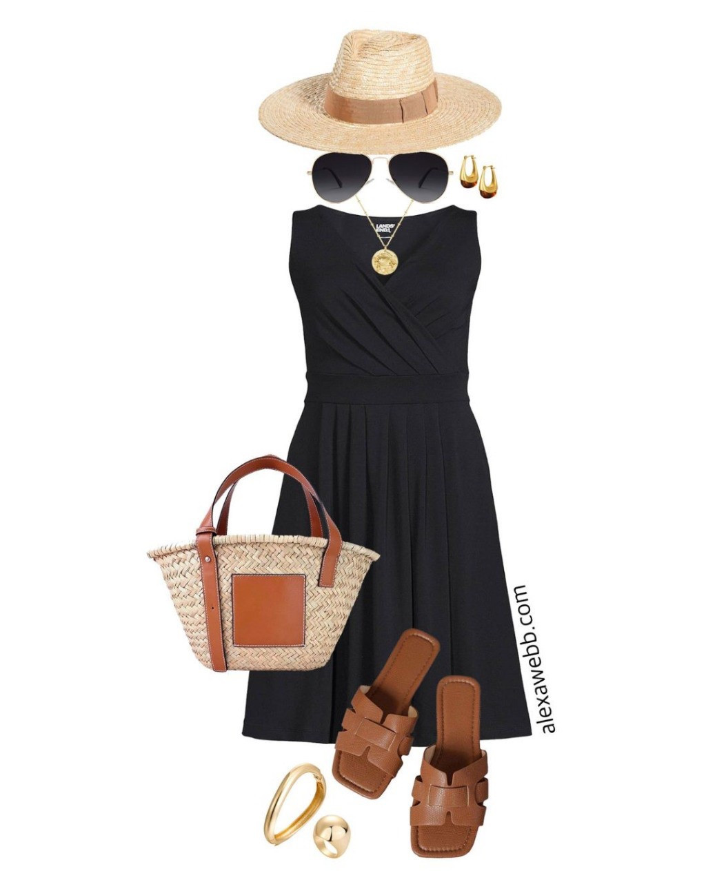 Plus Size Chic Black Swimwear -Two plus size outfits with a black knit dress. Each with a plus size black dress, straw tote bag, and flat sandals. Perfect for vacation! Alexa Webb #plussize

#LTKPlusSize #LTKOver40 #LTKStyleTip