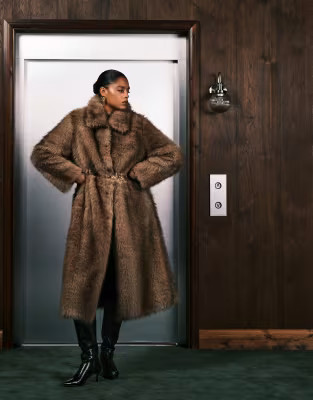 ASOS DESIGN Curve longline tipped faux fur car coat in brown | ASOS (Global)