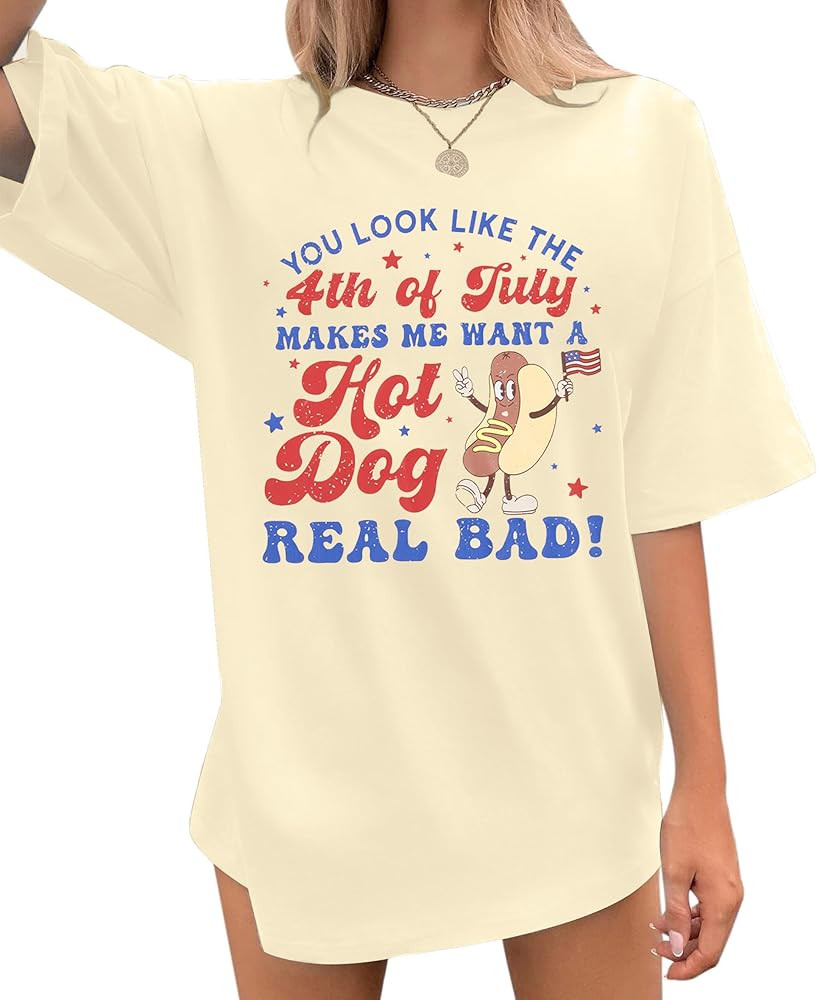 Oversize July 4th Shirts for Women - You Look Like Funny Hot Dog Graphic Tshirt American Patrioti... | Amazon (US)