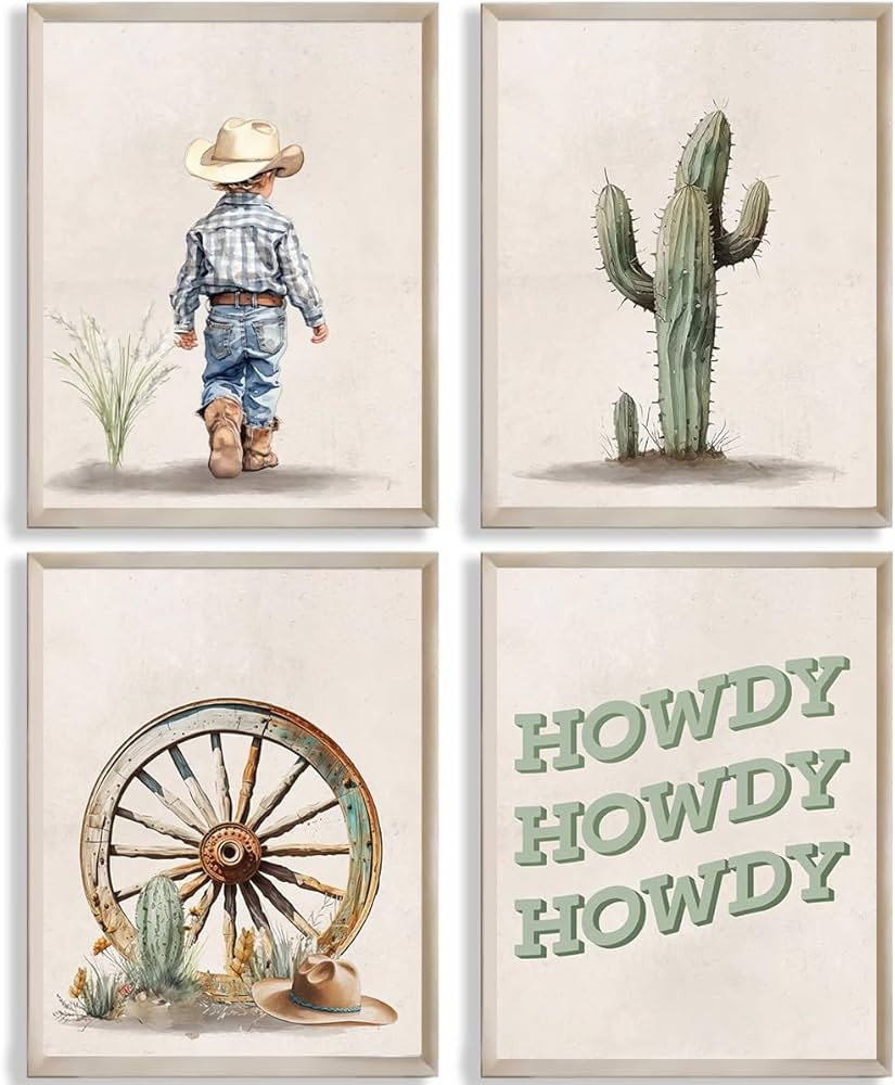 Western Howdy Cowboy Hats Cactus Desert Boho Beige Wall Art Prints for Cowboy Nursery Decor and B... | Amazon (US)