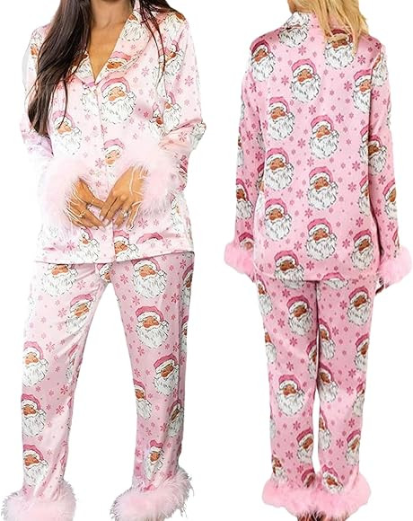 LELEBEAR Kris Kringle Santa Pajamas, Santa Claus Printed Pajamas, Women Feather Trim Sleeve Pajam... | Amazon (US)
