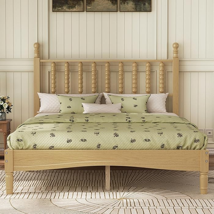 Natural Wood Bed Frame Full Size with Spindle Headboard, Full Platform Bed with Wooden Slat Suppo... | Amazon (US)