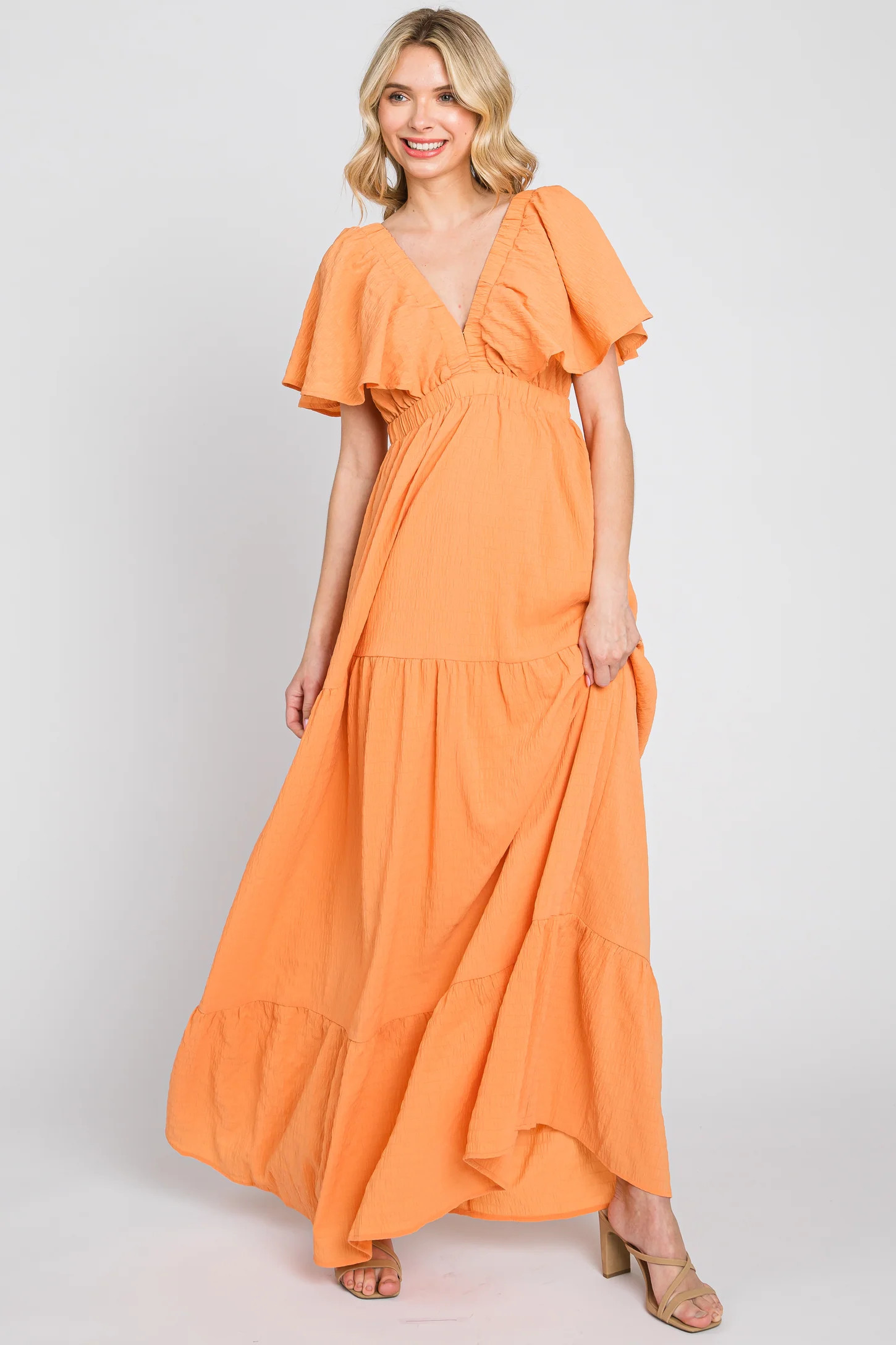 Orange Crepe Flounce Sleeve Tiered Maxi Dress | PinkBlush Maternity