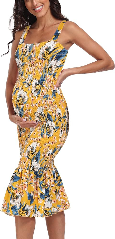 Summer Tank Maternity Dress Sleeveless Strappy Floral Midi Bodycon Square Neck Ruffle Mermaid Smo... | Amazon (US)