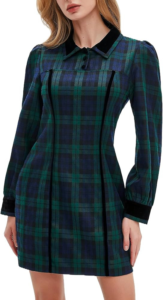 Kedera Christmas Dresses for Women Plaid V Neck Puff Long Sleeves Wrap Shirt Mini Dress Elegant A... | Amazon (US)