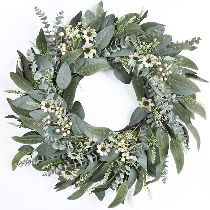 26 Inches Large Eucalyptus Spring Wreaths for Front Door,Artificial Greenery Summer Wreath with B... | Amazon (US)
